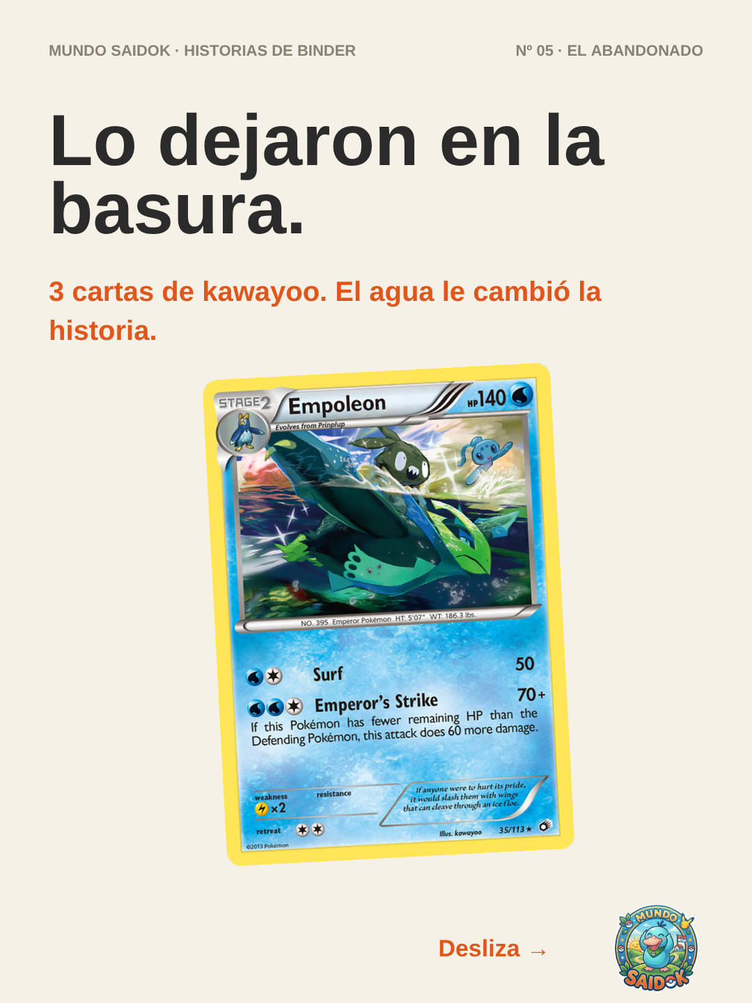 Portada Binder Storytelling Nº07 El Abandonado: cartas Trubbish, Phione y Empoleon