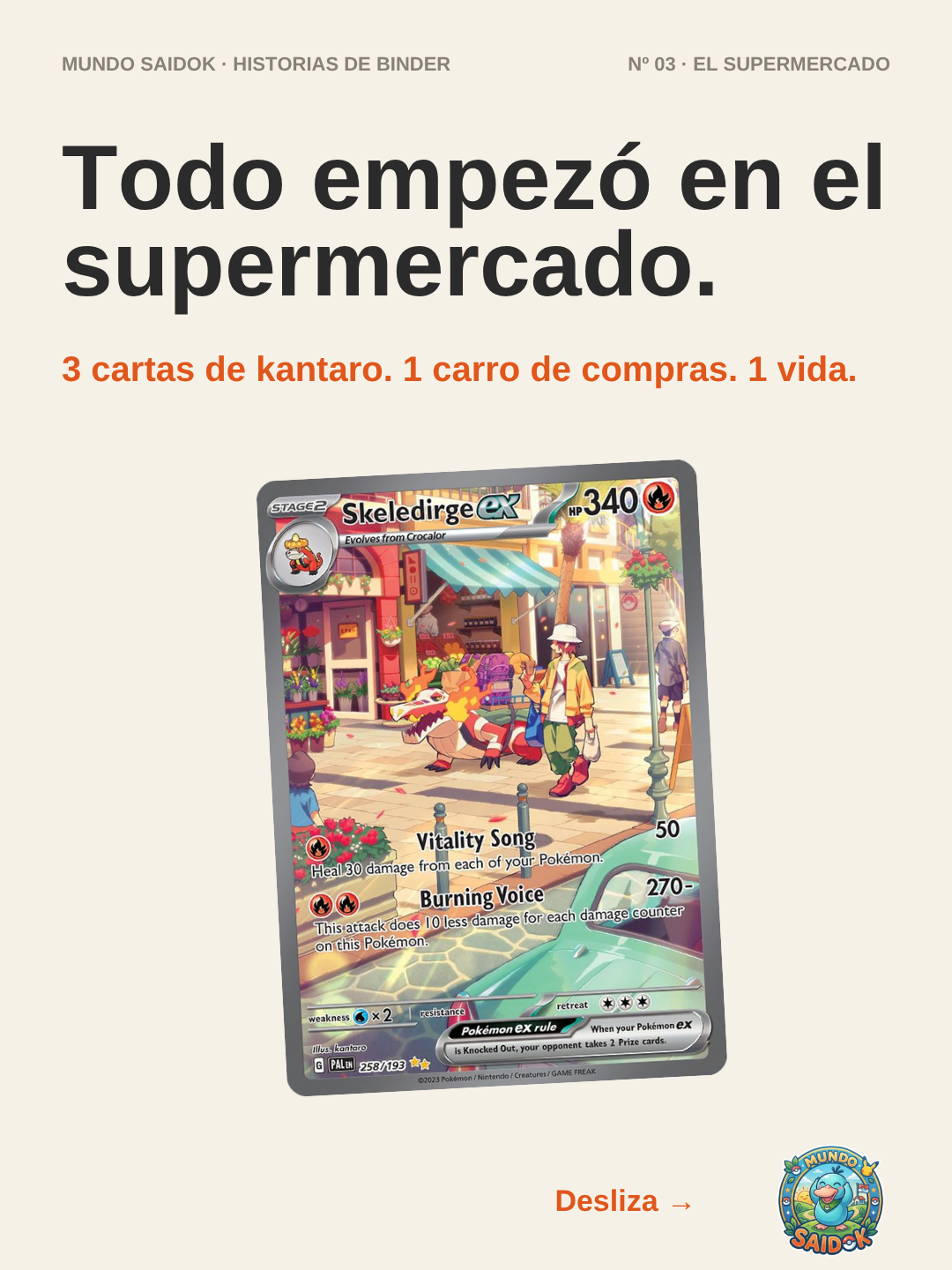 Portada Binder Storytelling Nº05 El Supermercado: cartas Fuecoco, Crocalor y Skeledirge