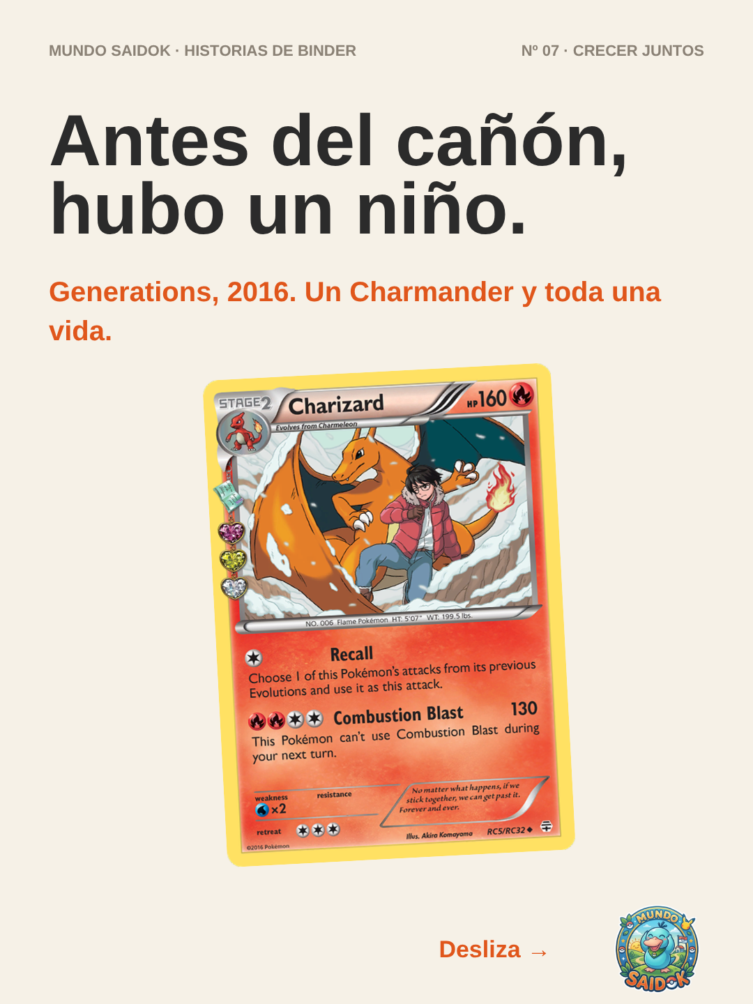 Portada Binder Storytelling Nº09 Crecer juntos: cartas Charmander, Charmeleon y Charizard de Generations