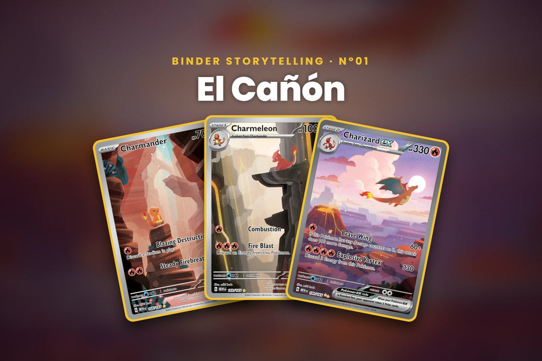 Portada Binder Storytelling Nº01 El Cañón: cartas Charmander, Charmeleon y Charizard ex de Pokémon 151