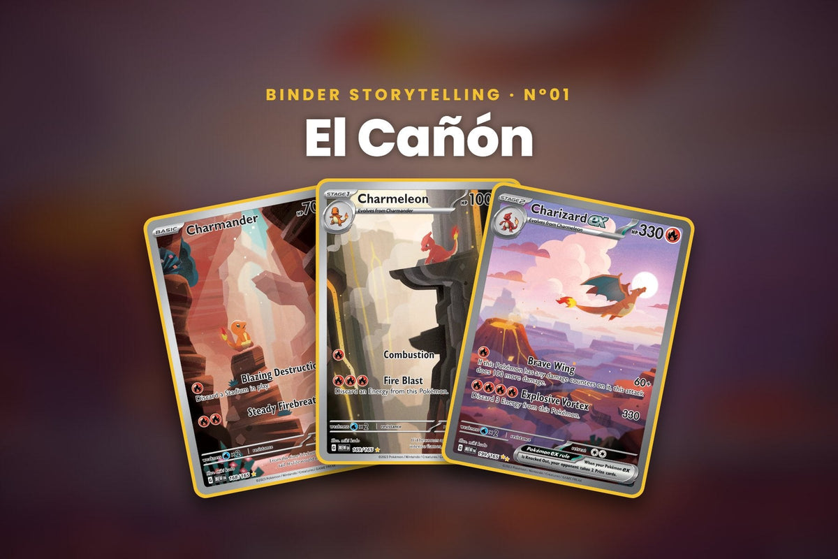 Portada Binder Storytelling Nº01 El Cañón: cartas Charmander, Charmeleon y Charizard ex de Pokémon 151