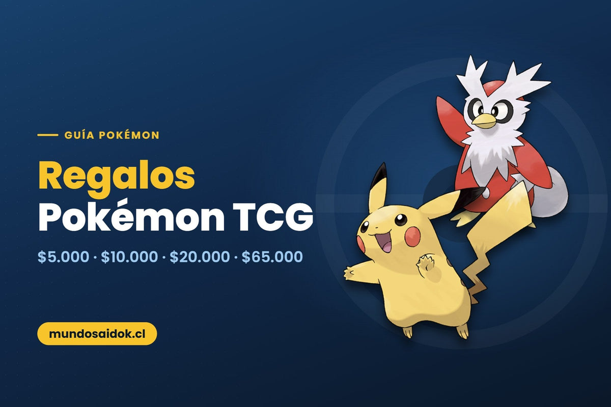 Portada de la guía: Regalos Pokémon TCG — $5.000 · $10.000 · $20.000 · $65.000 | Mundo Saidok