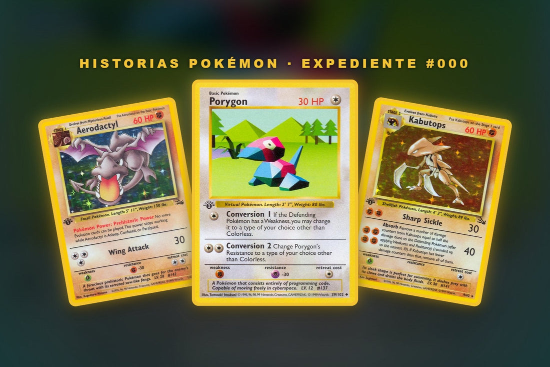 Cartas Aerodactyl, Porygon y Kabutops — Historias Pokémon, expediente MissingNo.