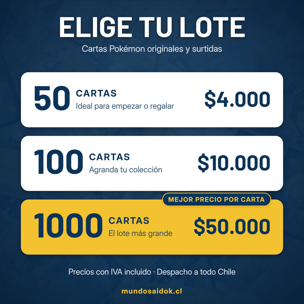 Precios del lote de cartas Pokémon: 50 cartas $4.000, 100 cartas $10.000 y 1000 cartas $50.000 - Mundo Saidok Chile